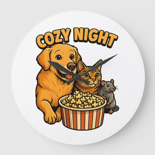 Cozy Night Movie Time – Cute Dog,Cat,Mouse Popcorn Große Wanduhr (Vorderseite)