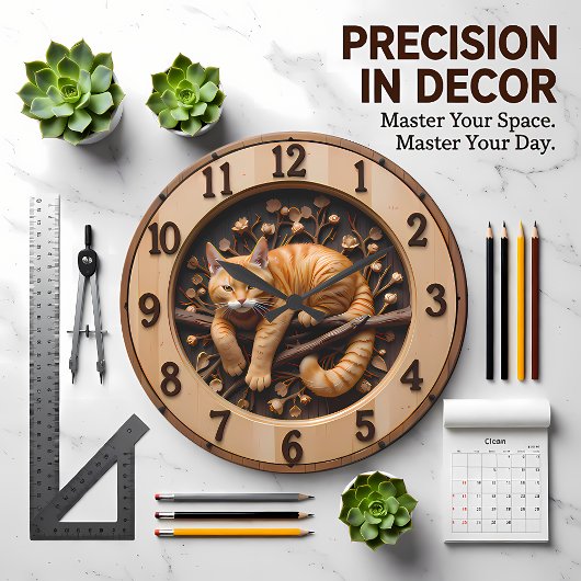Cozy Orange Tabby Cat Wood Große Wanduhr