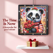 Cozy Panda Winter Rose Quadratische Wanduhr