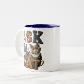 Cozy Patchwork Cat Ask My Cat Pun Design   Zweifarbige Tasse (Vorderseite Links)
