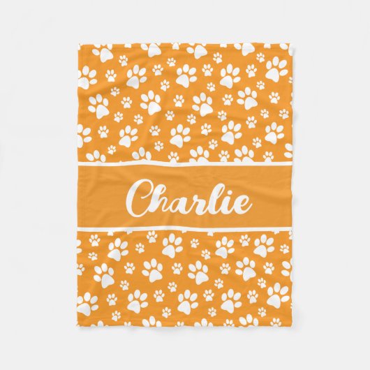 Cozy Paw Print Personalized Dog Blanket – Orange Fleecedecke (Vorderseite)
