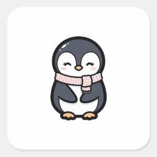 Cozy Penguin – Cute Kawaii Animal Illustration Quadratischer Aufkleber