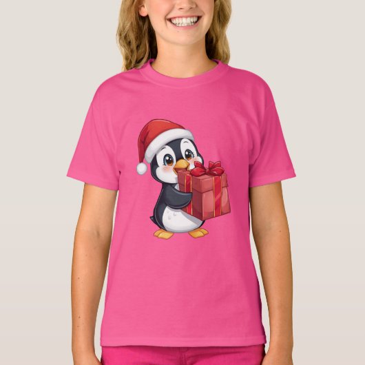 Cozy Penguin with Gift – Kids Christmas Tee (Vorderseite)