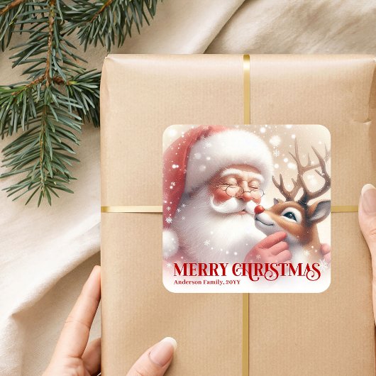 Cozy Personalized Santa and Rudolph Christmas Gift Quadratischer Aufkleber