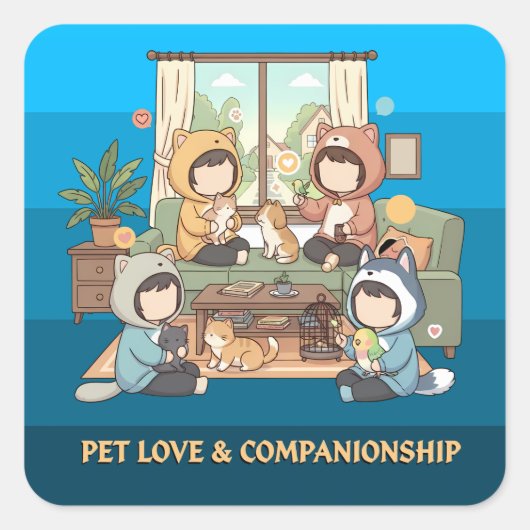 Cozy Pet Friends Chibi Anime Art Quadratischer Aufkleber (Vorderseite)
