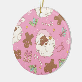 Cozy Pink Pastel Black Santa & Bow Christmas Keramik Ornament
