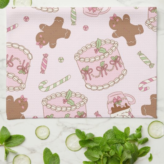 Cozy Pink Pastel Cake & Bow Christmas Apron Geschirrtuch (Gefaltet)