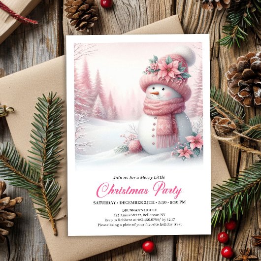 Cozy Pink Snowman Kids Editable Digital Christmas  Einladung