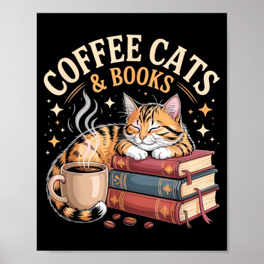 Cozy Reading Cat Coffee And Books Lover Artwork Poster (Vorne)