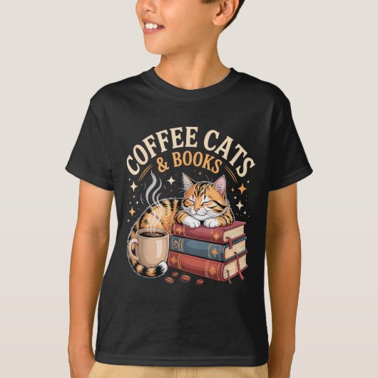 Cozy Reading Cat Coffee And Books Lover Artwork T-Shirt (Vorderseite)