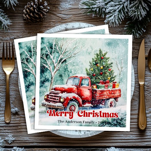 Cozy red truck Christmas scene rustic party napkin Serviette