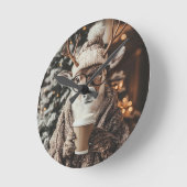 Cozy Reindeer Wall Clock with Coffee - Festive Win Runde Wanduhr (Winkel)