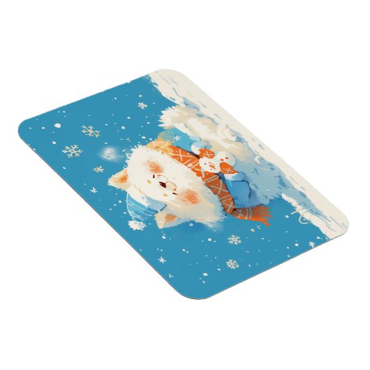 Cozy Samoyed Dog with Mini Snowman Magnet (Rechte Seite)