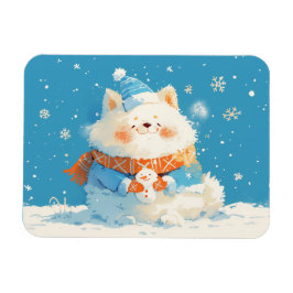 Cozy Samoyed Dog with Mini Snowman Magnet