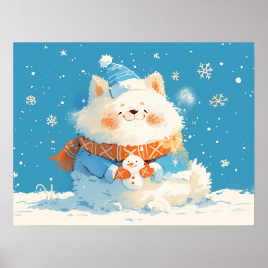 Cozy Samoyed Dog with Mini Snowman Poster (Vorne)