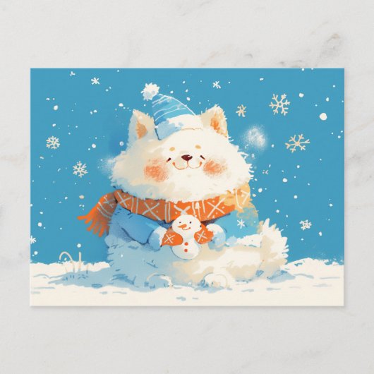 Cozy Samoyed Dog with Mini Snowman Postkarte (Vorderseite)