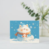 Cozy Samoyed Dog with Mini Snowman Postkarte (Stehend Vorderseite)