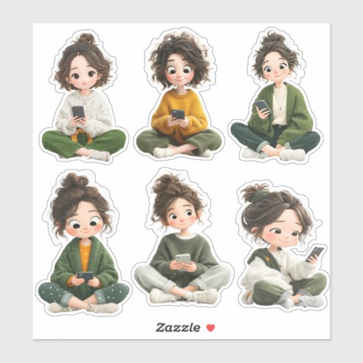 Cozy Sitting Chibi Girl Sticker Sheet (Blatt)