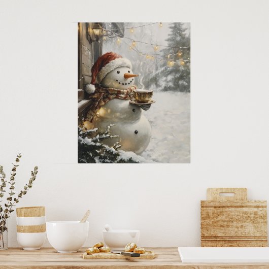 Cozy Snowman with Coffee Christmas Wall Art Poster (Küche)