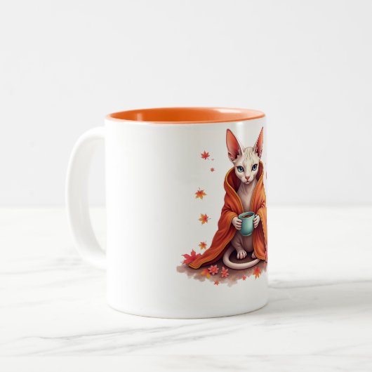 Cozy Sphynx Cat Mug - Autumn Fall Blanket & Coffee Zweifarbige Tasse (Vorderseite Links)
