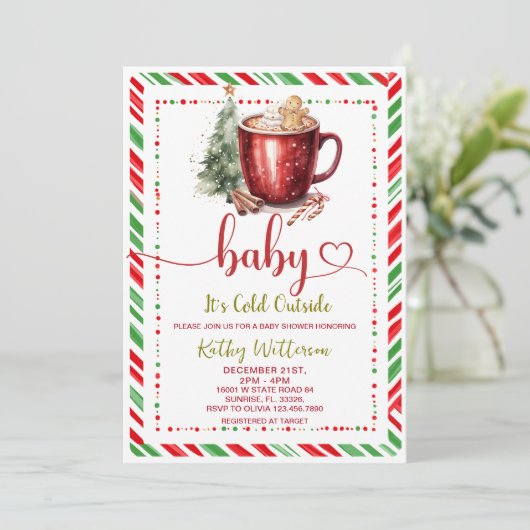 Cozy Stripe Red Mug Christmas Baby Shower Einladung (Stehend Vorderseite)