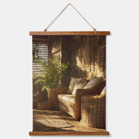 Cozy Sunlit Reading Nook Boho Interior Art Wandteppich Mit Holzrahmen (Vorderseite)