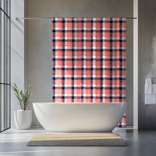 Cozy Tartan Curtain Coral Navy Gift for Retirement Duschvorhang