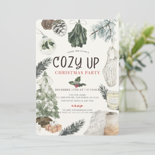 Cozy Up Comfy Holiday Items Christmas Party Einladung (Stehend Vorderseite)