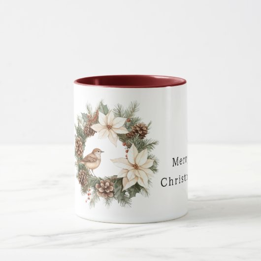 Cozy Warm Christmas Poinsettia Pine Cones Bird Tasse (Zentrum)