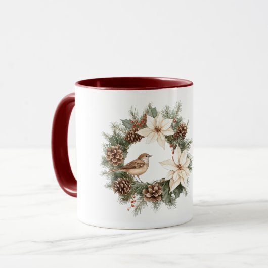 Cozy Warm Christmas Poinsettia Pine Cones Bird Tasse (Vorderseite Links)