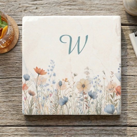 Cozy Wildflower Meadow Monogram – Botanical  Steinuntersetzer