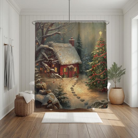 Cozy Winter Cabin Christmas Tree Watercolor Snowy Duschvorhang