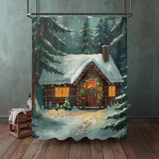 Cozy Winter Cabin in Forest Christmas Duschvorhang