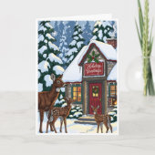 Cozy Winter Cabin with Deer Family Karte (Vorderseite)