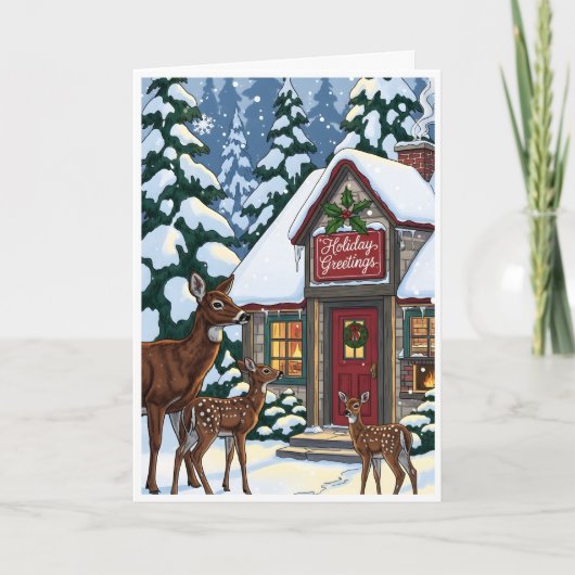Cozy Winter Cabin with Deer Family Karte (Vorderseite)