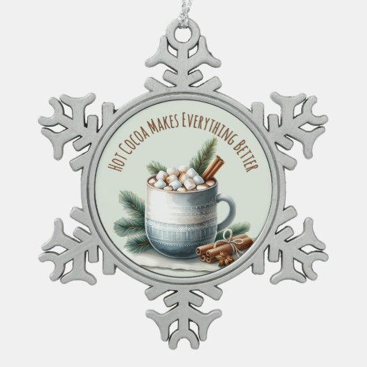 Cozy Winter Cocoa Marshmallow Scene Schneeflocken Zinn-Ornament (Vorderseite)