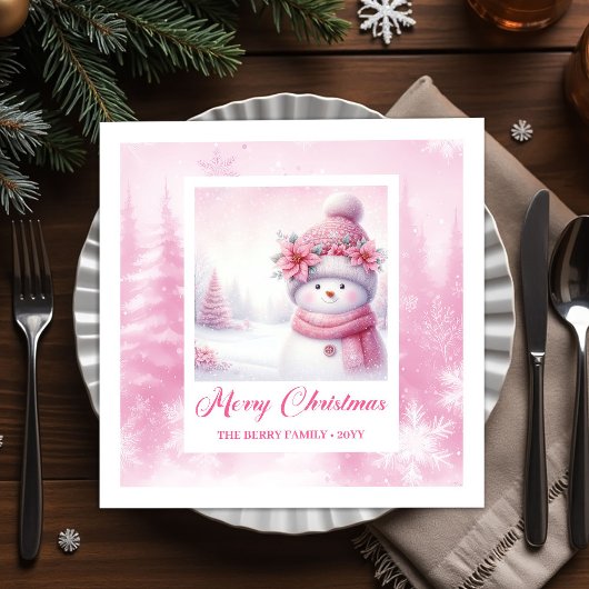 Cozy Winter Forest Pink Snowman Pinkmas Party  Serviette