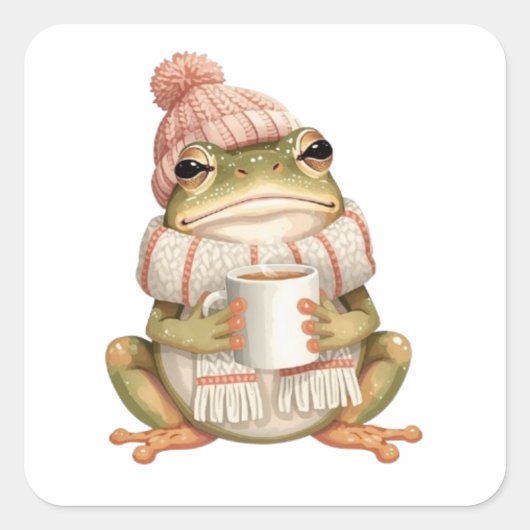 Cozy Winter Frog & Coffee Aesthetic Quadratischer Aufkleber (Vorderseite)
