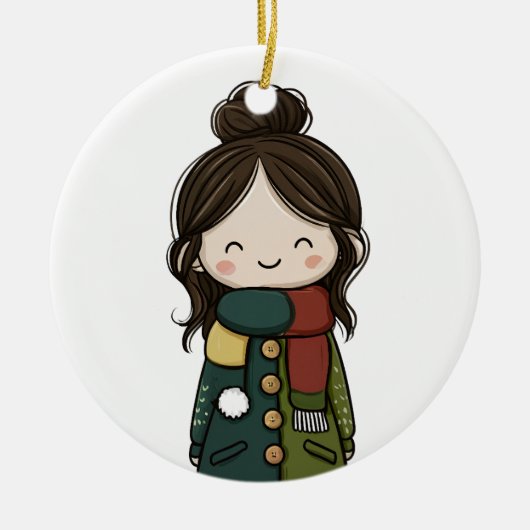 Cozy Winter Girl - Pom‑Pom Pocket Coat Keramik Ornament (Vorne)