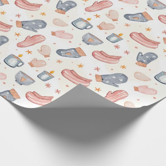 Cozy Winter Mittens & Mug Watercolor Pattern Geschenkpapier (Ecke)