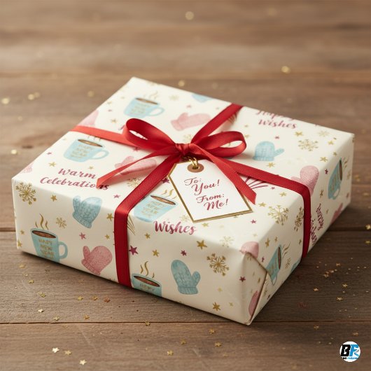 Cozy Winter Mug Mitten Pattern "Happy New Year" Geschenkpapier Set