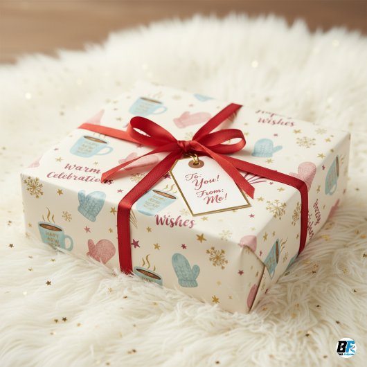 Cozy Winter Mug Mitten Pattern "Happy New Year" Geschenkpapier Set