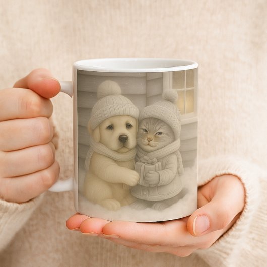 Cozy Winter Mug with Puppy and Kitten Illustration Kaffeetasse