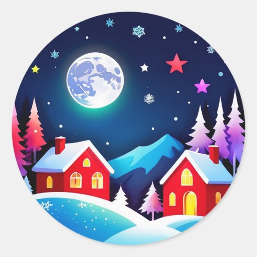 Cozy Winter Night Village Scene Runder Aufkleber (Vorderseite)
