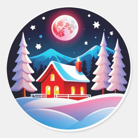 Cozy Winter Night Village Scene Runder Aufkleber (Vorderseite)