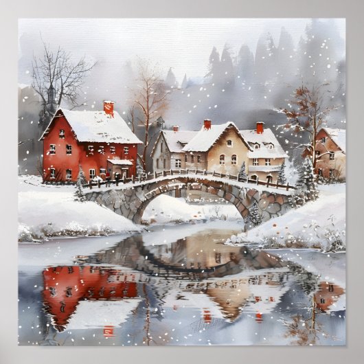 Cozy Winter Village Bridge Watercolor Christmas Poster (Vorne)