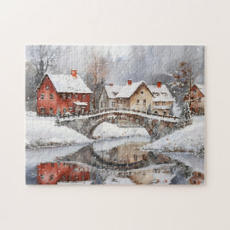 Cozy Winter Village Bridge Watercolor Christmas Puzzle