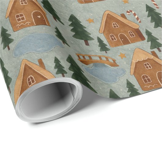 Cozy Winter Village Pattern Wrapping Paper Geschenkpapier (Rolleneckpunkt)
