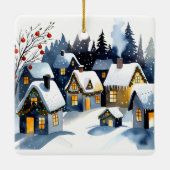 Cozy Winter Village Watercolor Christmas Square Keramikornament (Rückseite)