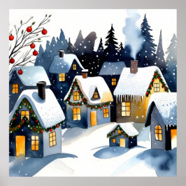 Cozy Winter Village Watercolor Christmas Wall Art Poster